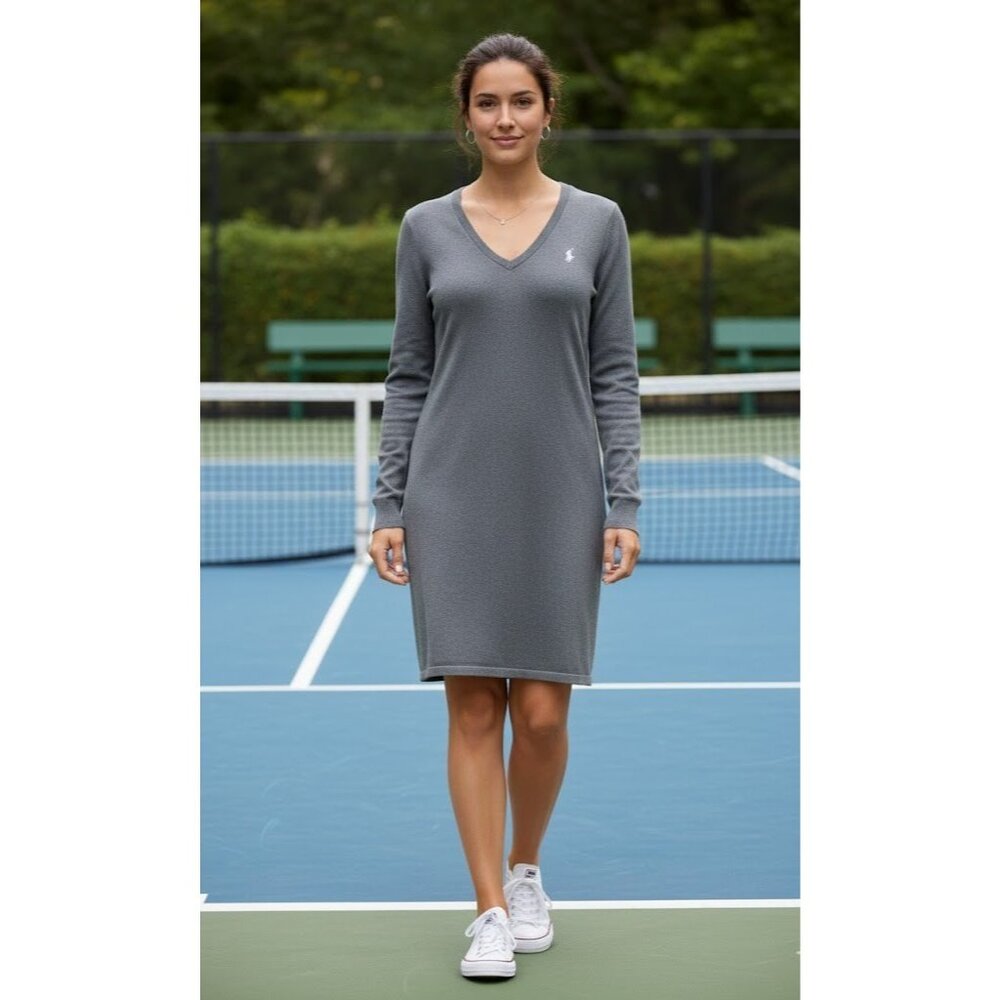 NWT Ralph Lauren Sport V-neck Shift in Gray Cotton Merino Wool Sweater Dress XL